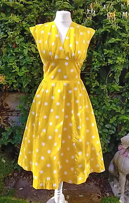 VINTAGE 50s 80s BRIGHT YELLOW POLKA DOT COTTON DRESS FULL SKIRT SWING ROCKABILLY • £34.95