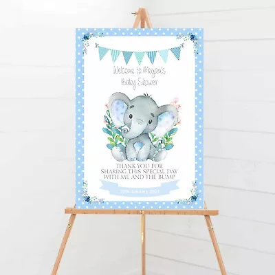 Personalised Baby Shower Welcome Table Sign Elephant Baby Boy Blue A4 A3 A2 A1 • £10