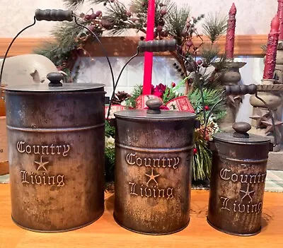 Country Primitive Set 3 COUNTRY LIVING Star Tin 3 Piece Canister Set With Lids • $26.36