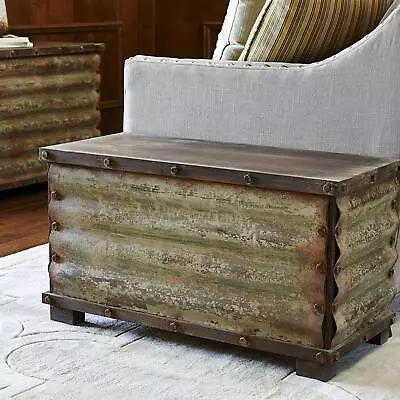 Rustic Industrial Trunk Storage Hinged Chest Distressed Corrugated Metal Overlay • $165.60