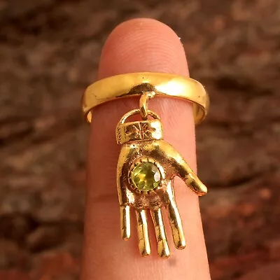 Yellow Gold Plated Hamsa Hand Ring 925 Sterling Silver Peridot Gemstone Ring • £14.37