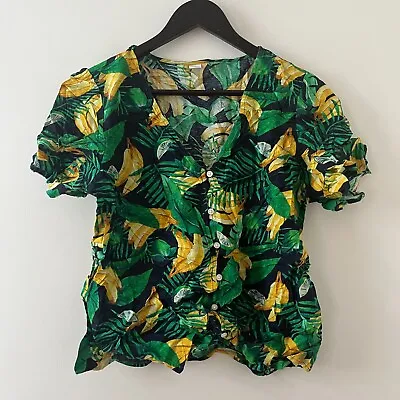 Vintage Blouse Womens Shirt Top Size 12 Green Yellow Banana Print Cotton Retro • $11.35