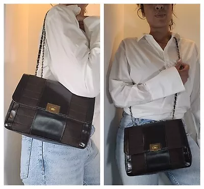 Chanel Vintage Brown Leather Canvas Horizontal Quilt Shoulder Flap Chain Bag • £1250