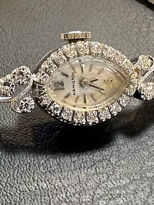 Hamilton Vintage Ladies Art Deco Watch 14k White Gold With 55 Diamonds • $1000