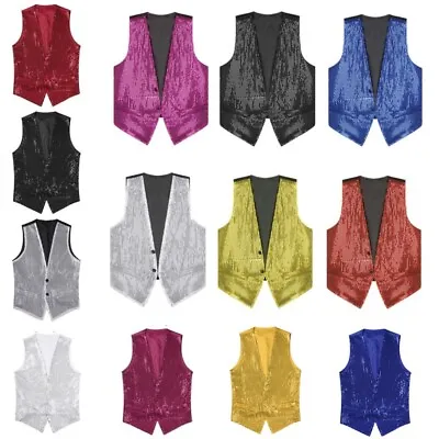 Mens Womens Shiny Sequins Vest Waistcoat Stylish Sleeveless Open Front Jacket • $13.82