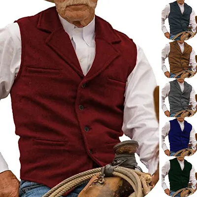 Mens Tweed Waistcoat Vintage Vest Cowboy Herringbone Notch Lapel Slim Fit Jacket • $16.38