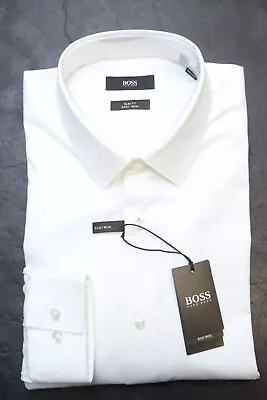 Hugo Boss Men's Isko Slim Fit Easy Iron Solid White Cotton Dress Shirt 43 17 • $64.79