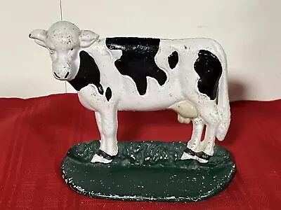 Vintage 6.5 X 6 Cast Iron Figural Black & White Cow Rustic Farmhouse Doorstop • $19.99