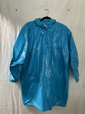 Slippery When Wet Vinyl Blue Lined Hooded Raincoat Slicker Size Large 80s 90s • $39.88