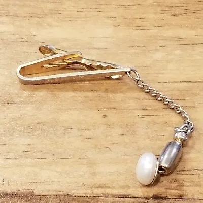 Vintage Tie Clip Clasp Bar With Chain White Dangle Gold Tone • $4.94