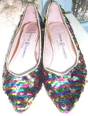 NEW CHINESE LAUNDRY 7.5 Multi SEQUIN BALLET FLATS Leather SlipOn Shoes Gold Trim • $25