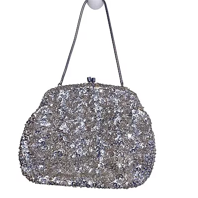 Vintage 1950's Silver Beaded & Sequin Purse Evening Bag Handmade In Hong Kong • $22.90