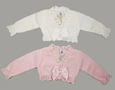 Baby Girl Cardigan Spanish Bolero Style Bow Pink White Nursery Time Nb 0-3 3-6M  • £7.85