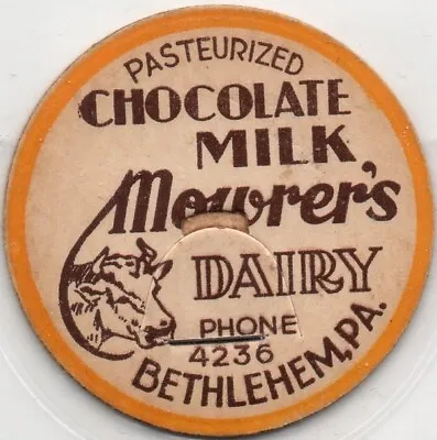 Milk Bottle Cap- Mowrer's Dairy - Bethlehem Pennsylvania -PHONE 4236 -CHOCOLATE • $8.85