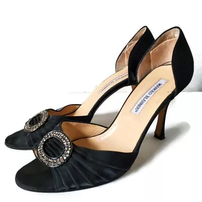 Manolo Blahnik Auth 8 US 38 EU Black Satin Embellished Heels Peeptoe Pump Shoes  • $150