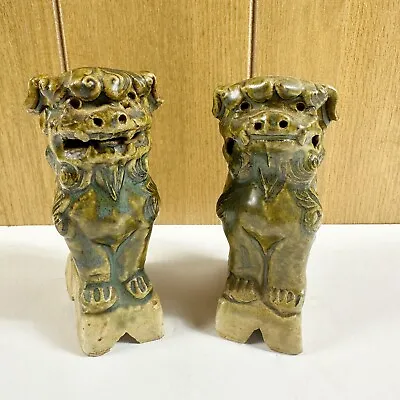 Vintage Chinese Foo Dogs-Fu Lions Green Ceramic Asian Feng Shui Pair Set Of 2 • $33.77