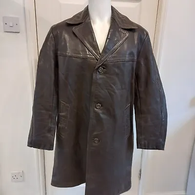 Vintage Heavy Leather Brown Jacket Button Overcoat Knee Length 42  Large 398 • £59