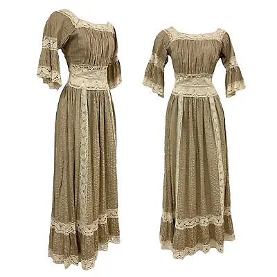 Vtg Vintage 1960s 60s 1970s 70s Beige Cream Lace Mexican Pintuck Wedding Dress • $175