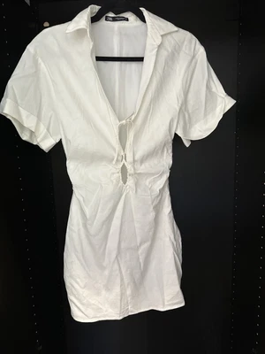 $12.10 • Buy Zara Stretch Linen Blend Off White Tie Front Collar Mini Dress Short Sleeve Sz M