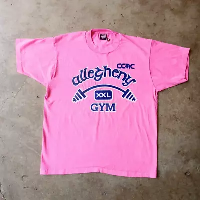 Vintage Allegheny Gym Barbell Workout Weightlifting Pink 80s Shirt Size XL • $13