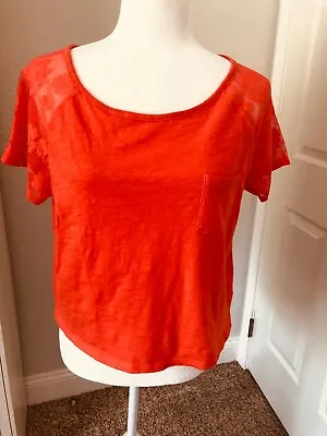 New M Orange Knit TOP TEE Round Neck LACE SHORT SLEEVE T-Shirt Pocket I Love H81 • $13.95