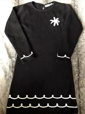 Girls Maggie & Zoe Black Ivory Sweater Dress 4 4T Swirls Crochet Trim Holiday • $6.75