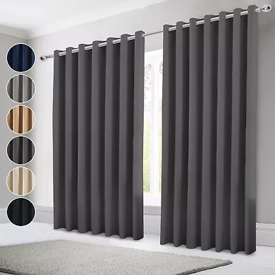 Thermal Blackout Curtains Ready Made Eyelet Ring Top Curtain Panel Pair Tie Back • £24.99