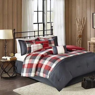 7pc Rustic Red & Ivory Buffalo Plaid Comforter Set AND Decorative Pillows • $161.49