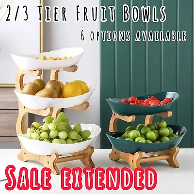 Fruit Bowl 2/3 Tier Kitchen Bamboo Storage Basket Rack Organizer Vegetable Bowl • £19.99