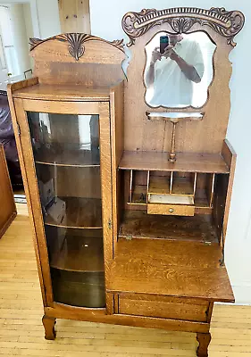 Antique Oak Side By Side Secretary Bookcase Curio Combination Cabinet • $995