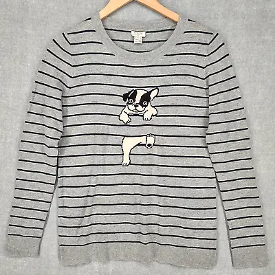 J CREW Sweater Womens Small Black Gray French Bulldog Striped Pullover Crew NWT • $39.99