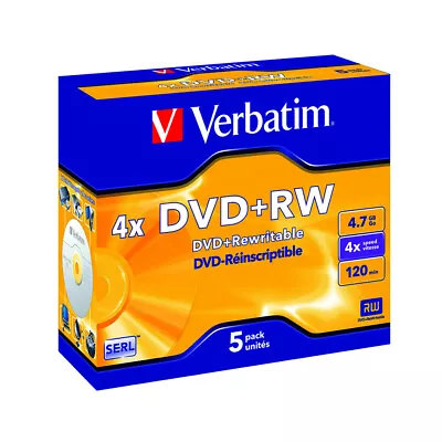 5PK Verbatim DVD+RW 4.7GB 4x Rewritable Blank Discs Media Storage W/ Jewel Case • $23