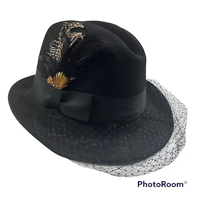 Vtg 1950s 1960s Womens Hat Black Wool Veiled Feathers Marche Derby • $29.97