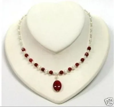 7-8mm White Cultured Pearl Red Jade Beads Oval Pendant Necklace 18'' • $7.87