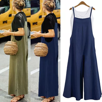 $9.15 • Buy Women Plus Size Loose Cotton Linen Jumpsuit Dungarees Playsuit Trousers Overalls