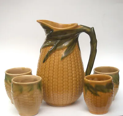 5 Piece Antique Majolica Griffin Smith Hill Etruscan Corn Pitcher With 4 Cups • $125