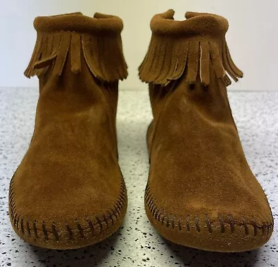 Minnetonka Ankle Bootie Moccasins-Soft Sole-Back Zip-Suede-Fringe 6 Made In USA • $19.99