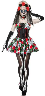 Ladies Day Of The Dead Costume Sugar Skull Skeleton Womens Halloween Fancy Dress • £21.99