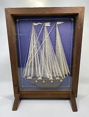 Vintage String Nail Art Schooner Ship In Free Standing Deep Frame. • $29.99