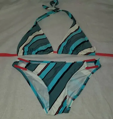 Gorgous Blue Striped MARIE MEILI Halterneck Bikini Top Bottom Set Size 10 (TV) • £5.99