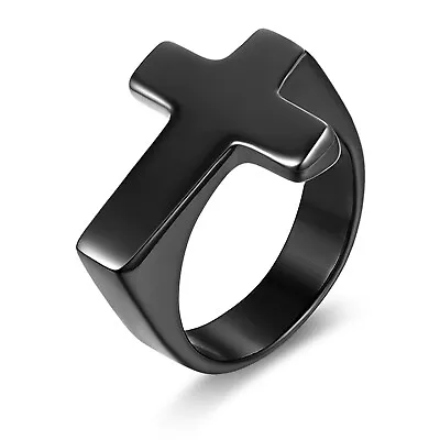 Men Women Black Stainless Steel Christian Sideways Cross Signet Ring Band #8-13 • $9.49