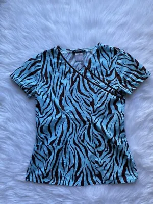Baby Phat Scrub Top Womens Size XS Blue Brown Zebra Print Short Sleeve Shirt • $12