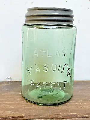 Vintage Atlas Mason’s Patent Pint Canning Jar W/ Zinc Lid RARE Green Glass • $69