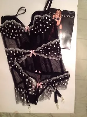 Victorias Secret Very Sexy Black White Polka Dots Corset Garters Stockings 3 Pc • $89.99