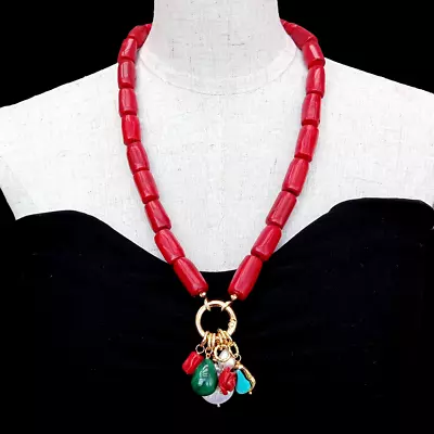 Red Coral Necklace White Coin Pearl Turquoise Malachite Charm Pendant • $39.90
