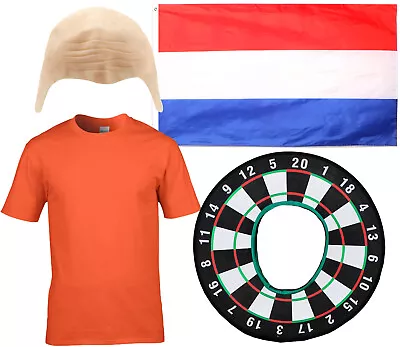 Mens Darts Fancy Dress Costume Van Gerwen Style Bald Cap Dutch Flag T-Shirt • £10.99