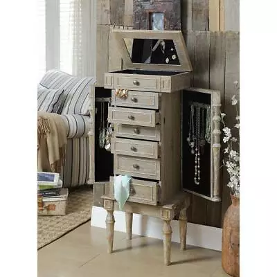 Traditional Large Storage Jewelry Armoire Organizer W/6 Drawer In Weathered Oak • $233.99