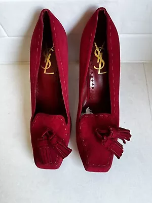 Classic YSL Yves Saint Laurent Square Toe Red Suede Heels Sz 40 • $179