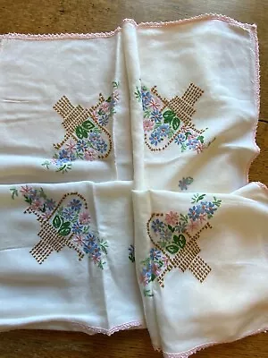 Hand Embroidered Flower Basket Tablecloth Pink Lace Edge Cottagecore Vintage • £8.80