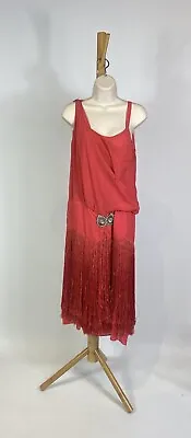 1920s J. Atkins Red Silk Chiffon Fringe Flapper Dress • $189